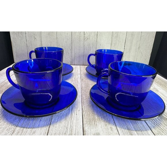Vtg Cobalt Blue Cups 2.75" Tall and Saucers 5" DIA Depression Glass - Set of 4 - Picture 5 of 12